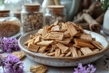 Fototapeta premium palo santo chips on a plate induce positivity and grounding for meditation with their aromatic essence, creating a tranquil atmosphere