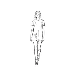 A line drawn illustration of a model on the runway with a white background. Drawn by hand.