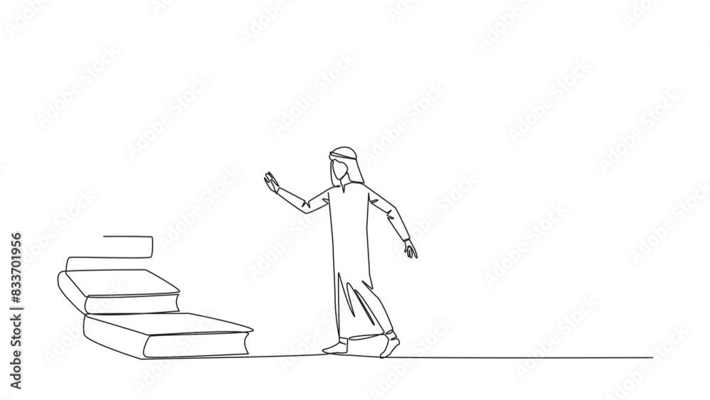 Poster animated self drawing of one line drawing arab man climb stairs from the book stack. towards the wid