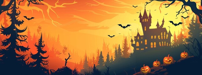 Halloween background with a scary haunted house, pumpkins and flying bats in an orange sky.
