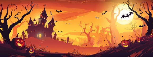 Halloween background with a scary haunted house, pumpkins and flying bats in an orange sky.
