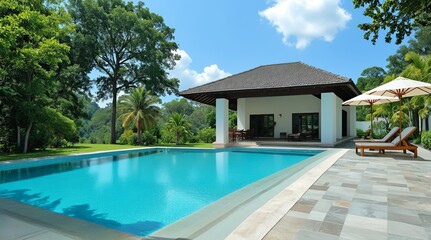 Fototapeta premium house with a swimming pool with sun loungers among palm trees with a tiled roof and white walls