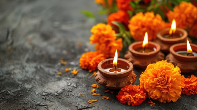 Diwali Festivities Clay Oil Lamps Illuminated with Marigold Flowers and a Greeting Card Design for the Hindu Festival of Lights