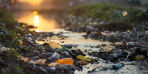 Fototapeta premium The Ecological and Environmental Hazards of River Pollution from Plastic Waste. Concept Plastic Pollution, River Contamination, Environmental Impact, Ecological Hazards, Waste Management