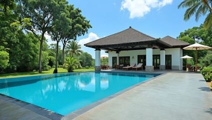 Fototapeta premium house with a swimming pool with sun loungers among palm trees with a tiled roof and white walls