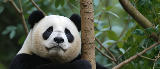 Obraz premium panda resting on a tree and looking at the camera
