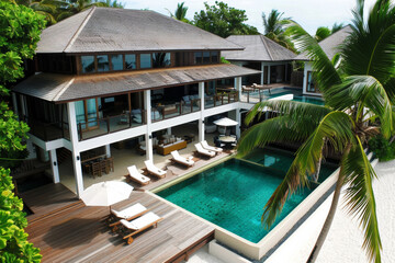 Fototapeta premium Aerial perspective of an expansive luxurious villa nestled on a Maldivian island, showcasing a swimming pool and sun decks shaded by palm trees.