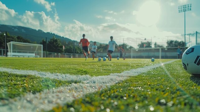 The bright concept is a minimalist background of the Youth Soccer Match. Shot on Fujifilm, Fujicolor C200, with depth of field emphasized --ar 16:9 Job ID: e2bb5960-1009-4dca-ad20-828b63515721