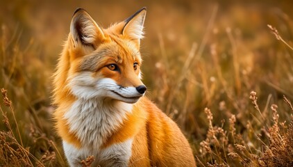 Fototapeta premium a fox sits in a field among tall grass on a sunny day
