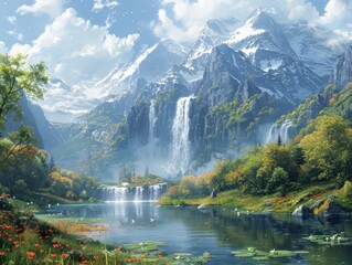 Majestic Mountain Peaks: A Traditional Oil Painting of Serene Waterfalls in a Breathtaking Landscape