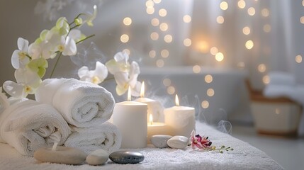 luxurious spa background with candles, rolled towels, and flowers, serene atmosphere for relaxation and wellness, concept for spa retreats, beauty salons, wellness centers.