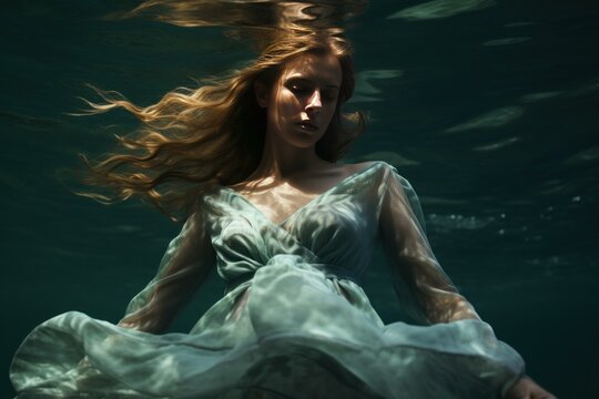 Serene young woman floating elegantly in deep water with her dress billowing around her - Powered by Adobe