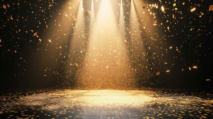 Golden confetti falling on a stage under spotlights.