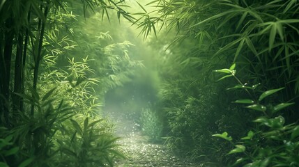 Misty path through dense bamboo forest.
