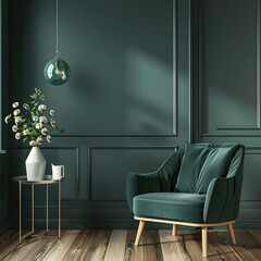 Modern wooden living , Living room interior has an green armchair on empty dark green wall background, room, Light room with sofa and armchair on empty dark green wall background,
