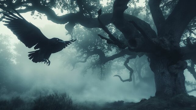 Raven flying near ancient tree in misty forest.