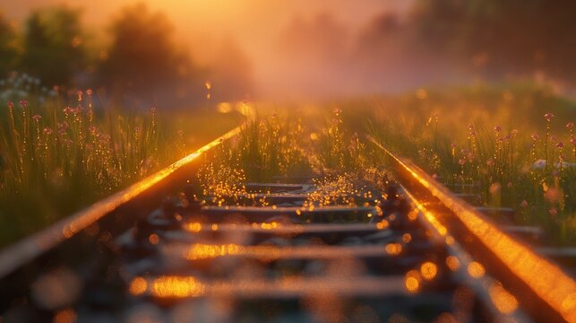 Railway tracks illuminated by sunrise with dew drops on grass.