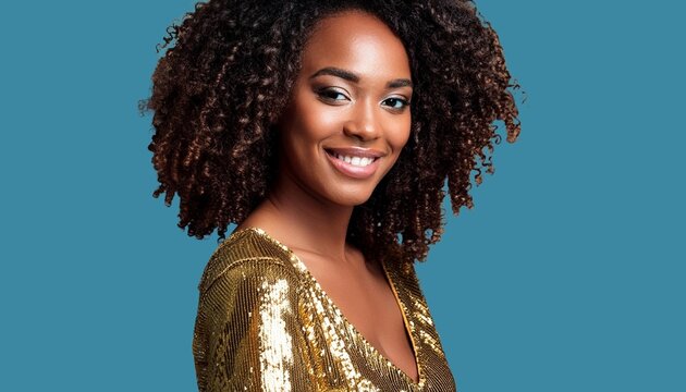 Black woman with kinky curly hair in gold sequin dress, portrait