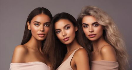 Obraz premium Beauty portrait of three diverse young women with clean skin, beautiful female models together