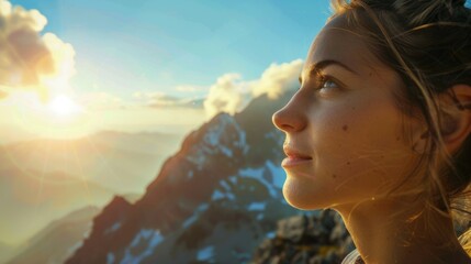 A happy woman smiles in a closeup with a beautiful mountain landscape in the background. She enjoys leisure and recreation while traveling in the natural landscape AIG50