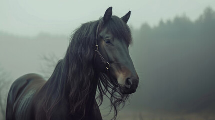 Majestic horse with smooth dark coat and long flowing mane. Horse is calm and thoughtful, standing against the background of soft, diffused light of the fog, which softly emphasizes its powerful figur