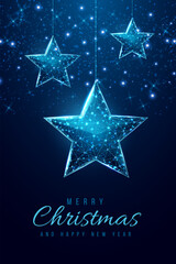 Wireframe stars, low poly style. Banner for the concept of Christmas or New Year. Abstract modern 3d vector illustration on blue background.