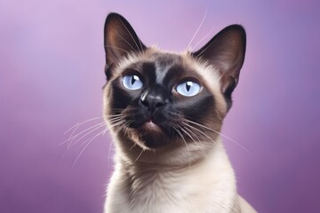 Fototapeta premium Portrait of a smiling siamese cat in soft purple background