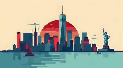 Obraz premium Iconic Manhattan Skyline at Sunset with Statue of Liberty