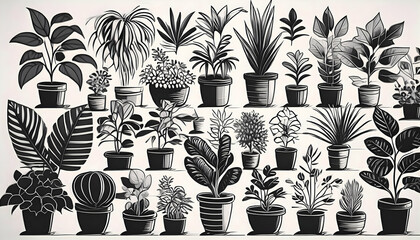 Abstract trees background black and white illustrations of house plants on digital art concept, Generative AI.