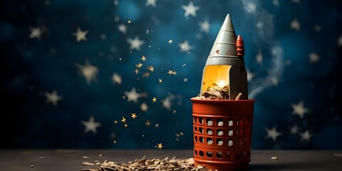 Imaginative visual metaphor rocket launching from waste basket to stars of innovation. Concept Innovative Concept Art, Visual Metaphors, Rocket Launch, Waste Transformation, Innovation Inspiration