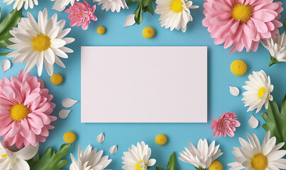Obraz premium 3d rendering, Flowers and a blank card on a blue background vector illustration, with no text. About flowers with white space for writing in the center of a square or rectangle shape