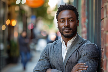 Confident young African American executive corporate manager leader outdoors, professional businessman with short hair in grey suit standing with arms crossed