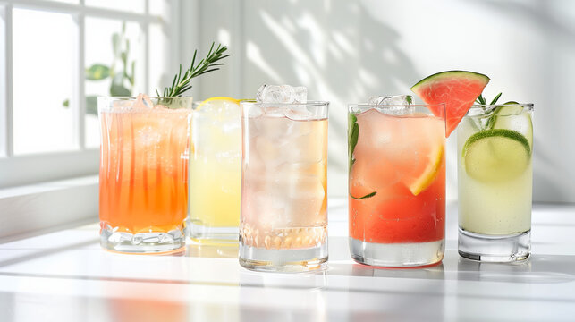 A variety of soft drinks in elegant glasses, including sparkling watermelon and lime seltzer, lemon-lime soda with ice cubes, coconut juice, grapefruit water, ginger ale, and garnished with a slice of