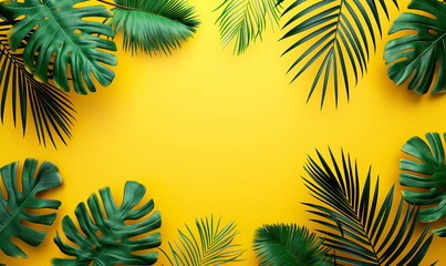 Tropical leaves on yellow background with copy space, vector illustration. Design for banner or poster