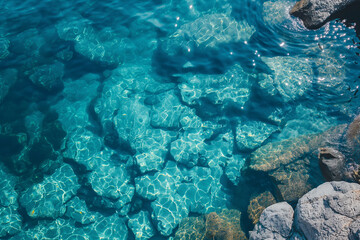 Obraz premium Beautiful aerial view of clear blue water and rocks, seen from above in high resolution photography