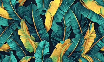 A seamless pattern of colorful banana leaves, their vibrant colors contrasting against the dark background, creating an eyecatching and exotic design for wallpaper or fabric printing

