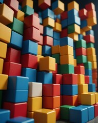 A Colorful Set of Building Blocks Arranged in a Creative Structure, Captured from a Low Angle to Showcase the Bright, Sturdy Pieces