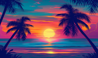 Fototapeta na wymiar Beach sunset with palm trees, vector illustration, colorful, in the style of 80s, in the style of retro, flat design, digital art, neon purple and yellow colors