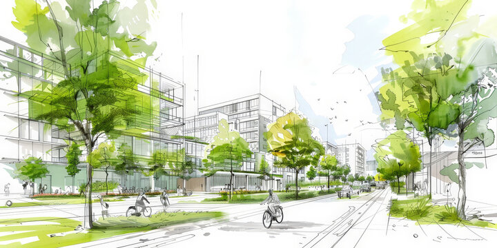 Illustration of a modern urban street featuring cyclists, green spaces, and contemporary architecture in a vibrant and sustainable city
