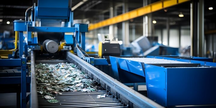 Moving garbage along a conveyor belt in a recycling plant for processing. Concept Garbage sorting, Recycling process, Conveyor belt system, Waste management, Environmental sustainability