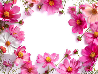 A watercolor painting of flowers with green leaves with big detail frame and empty space in the middle.