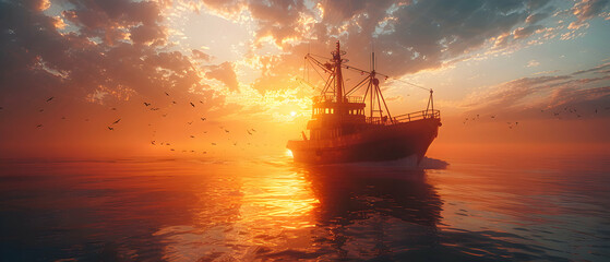 Fototapeta premium The Use of artificial intelligence in freshwater fishing or saltwater fishing, water transportation, Fishing boats traveling in the middle of the sea