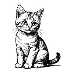 Obraz premium British Shorthair Cat Kitten Hand Drawn Engraved Ink Line Art Sketch Illustration
