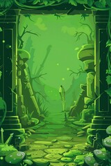 Lush green landscape on a fantasy RPG game card, adorned with a mythical creature and enclosed by a detailed frame, all bathed in a dark, cartoon atmosphere.