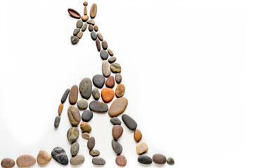Image of giraffe made of sea stones pebbles isolated on white background. Kids handcraft, DIY.