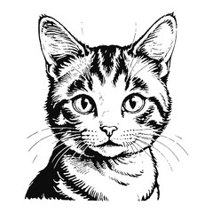 Obraz premium Japanese Bobtail Cat Kitten Hand Drawn Engraved Ink Line Art Sketch Illustration