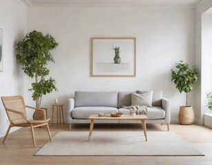 Scandinavian-style living room featuring a empty photo frame on the wall