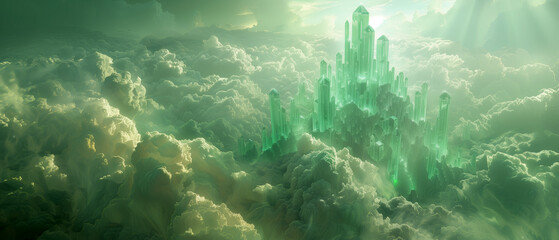 a celestial city made of translucent green crystal, floating among clouds and bathed in ethereal light