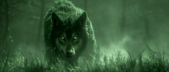 a spectral green wolf prowling through a foggy forest, its eyes glowing with otherworldly light