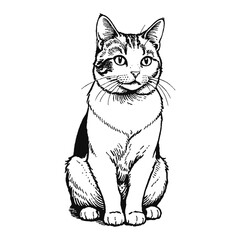 Japanese Bobtail Cat Hand Drawn Engraved Ink Line Art Sketch Illustration